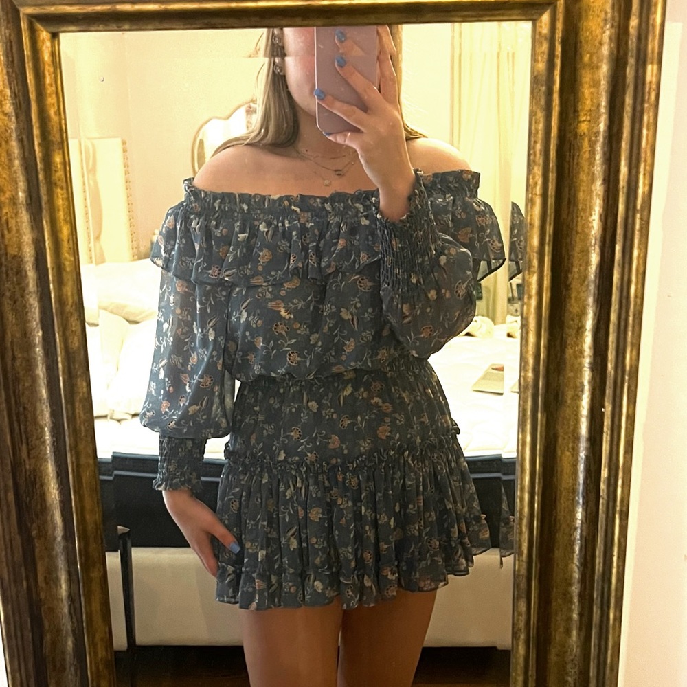 Misa Los Angeles Blue Floral Off The Shoulder Mini Dress Size M
